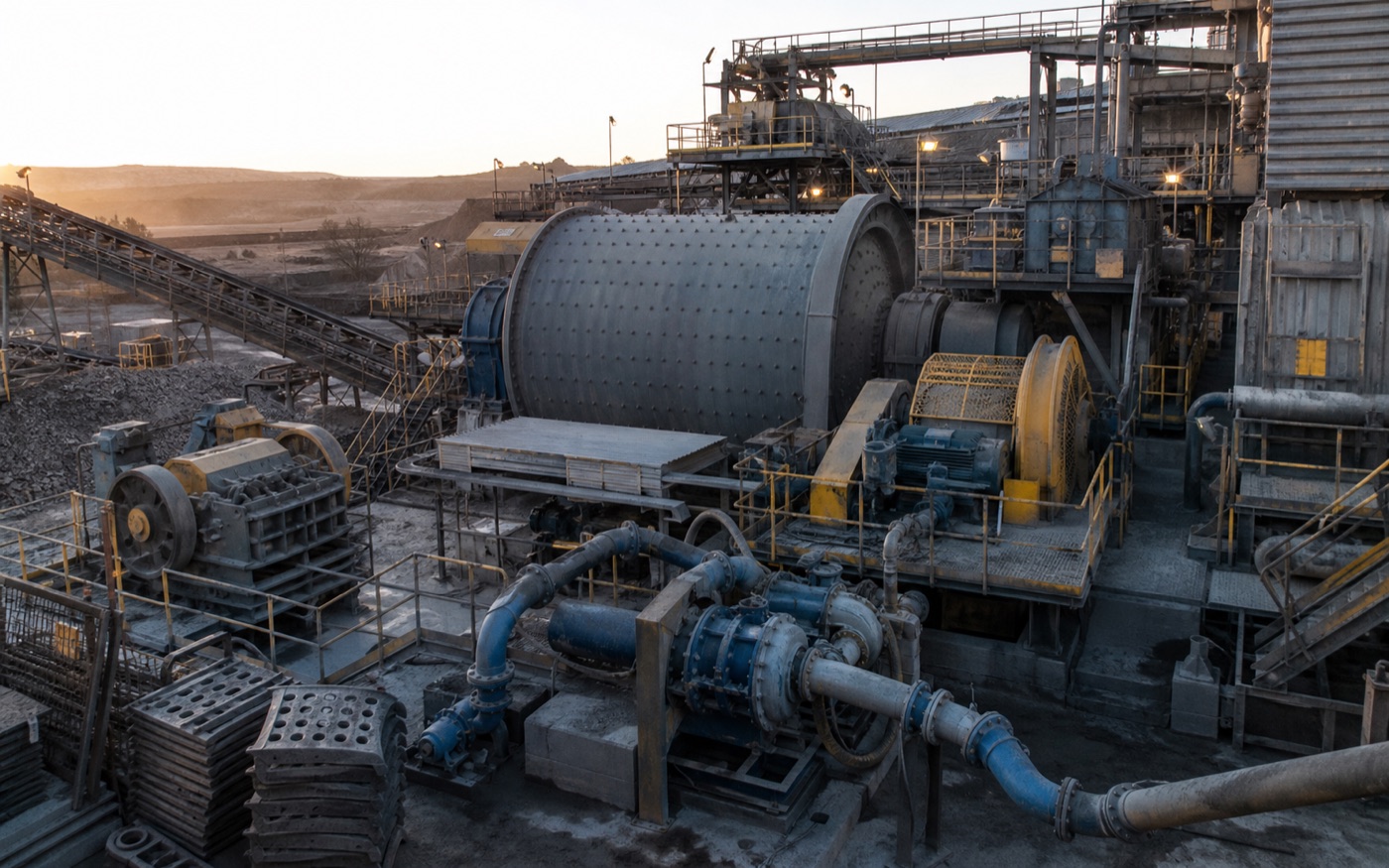 Grinding mill, slurry pump, crusher and conveyor at a mineral processing plant